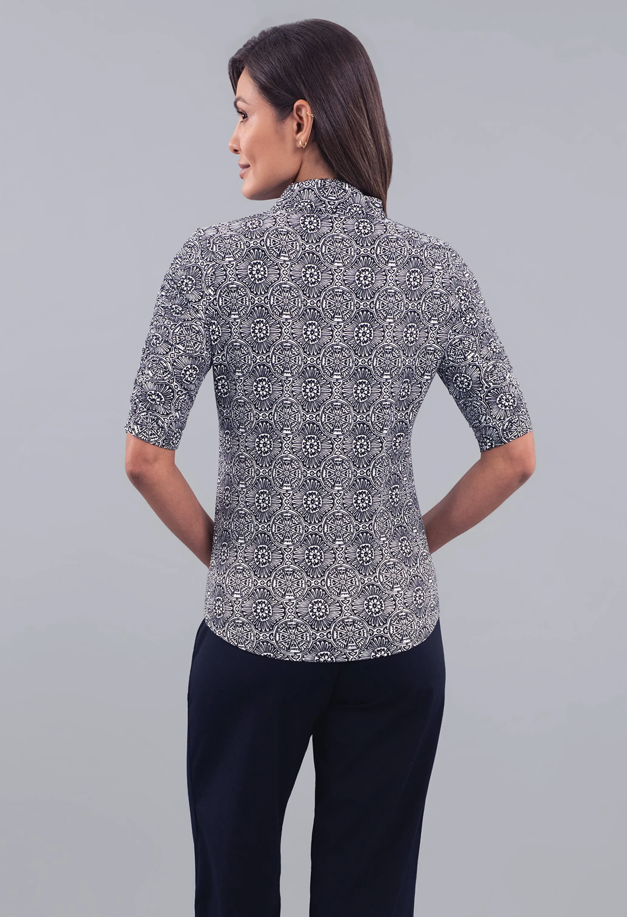 Amani Ruched Elbow Sleeve Mandarin Collar Top sold by IBKUL product image thumbnail 3