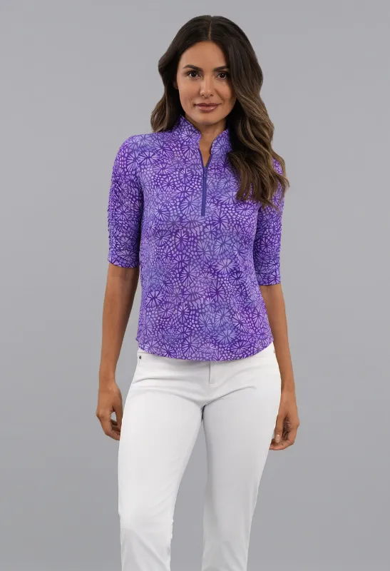 Gladis Ruched Elbow Sleeve Mandarin Collar Top made by IBKUL