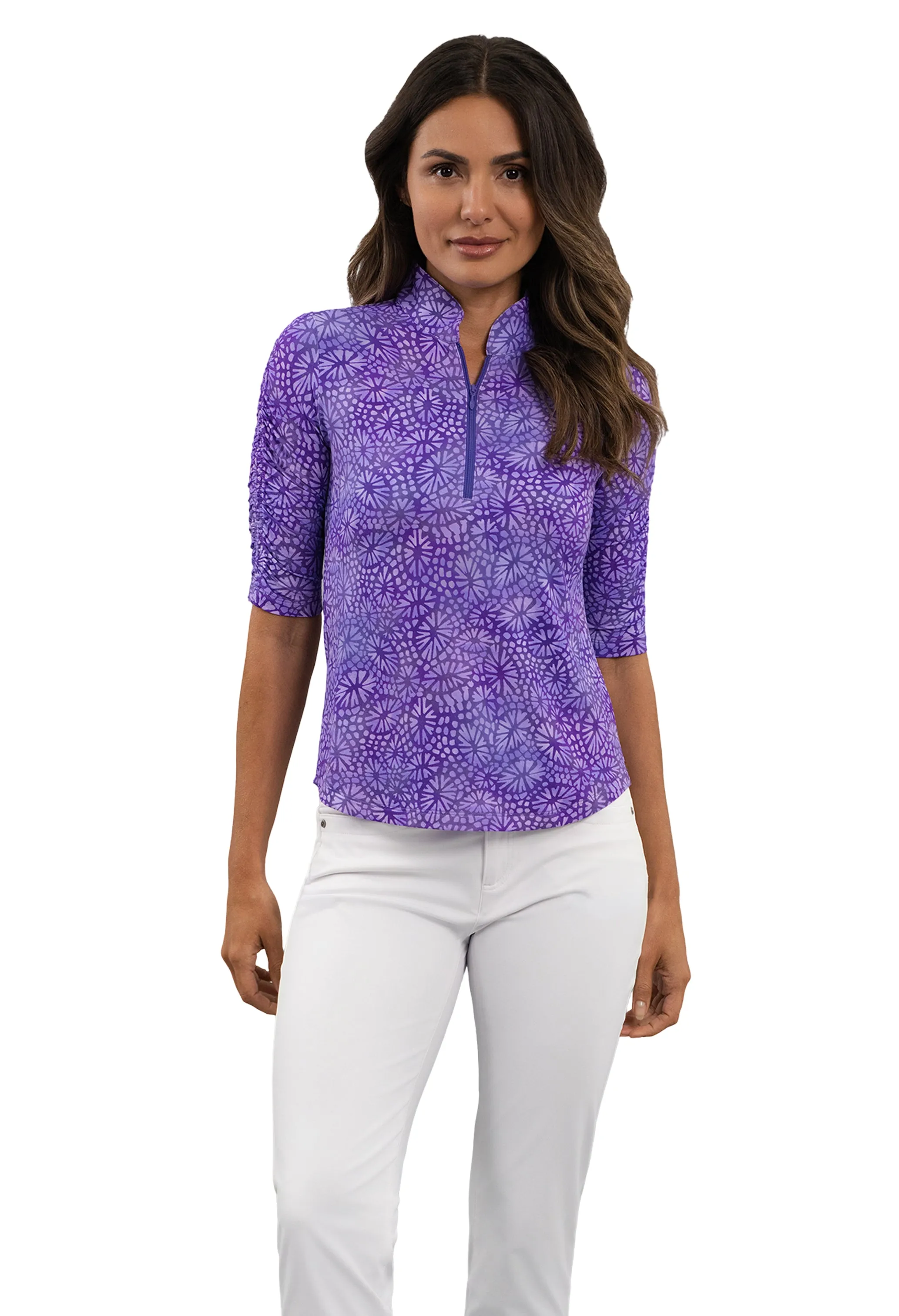 Gladis Ruched Elbow Sleeve Mandarin Collar Top sold by IBKUL product image thumbnail 4