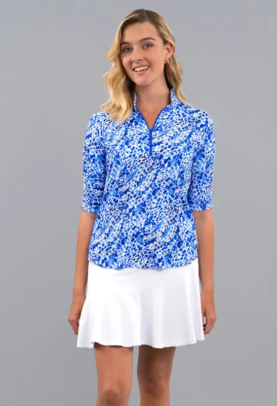 Yesenia Ruched Elbow Sleeve Mandarin Collar Top made by IBKUL