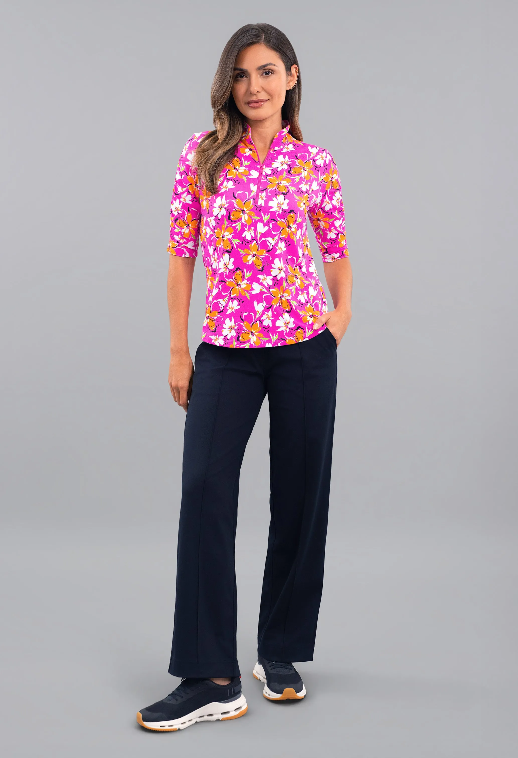 Eleanor Ruched Elbow Sleeve Mandarin Collar Top sold by IBKUL product image thumbnail 4