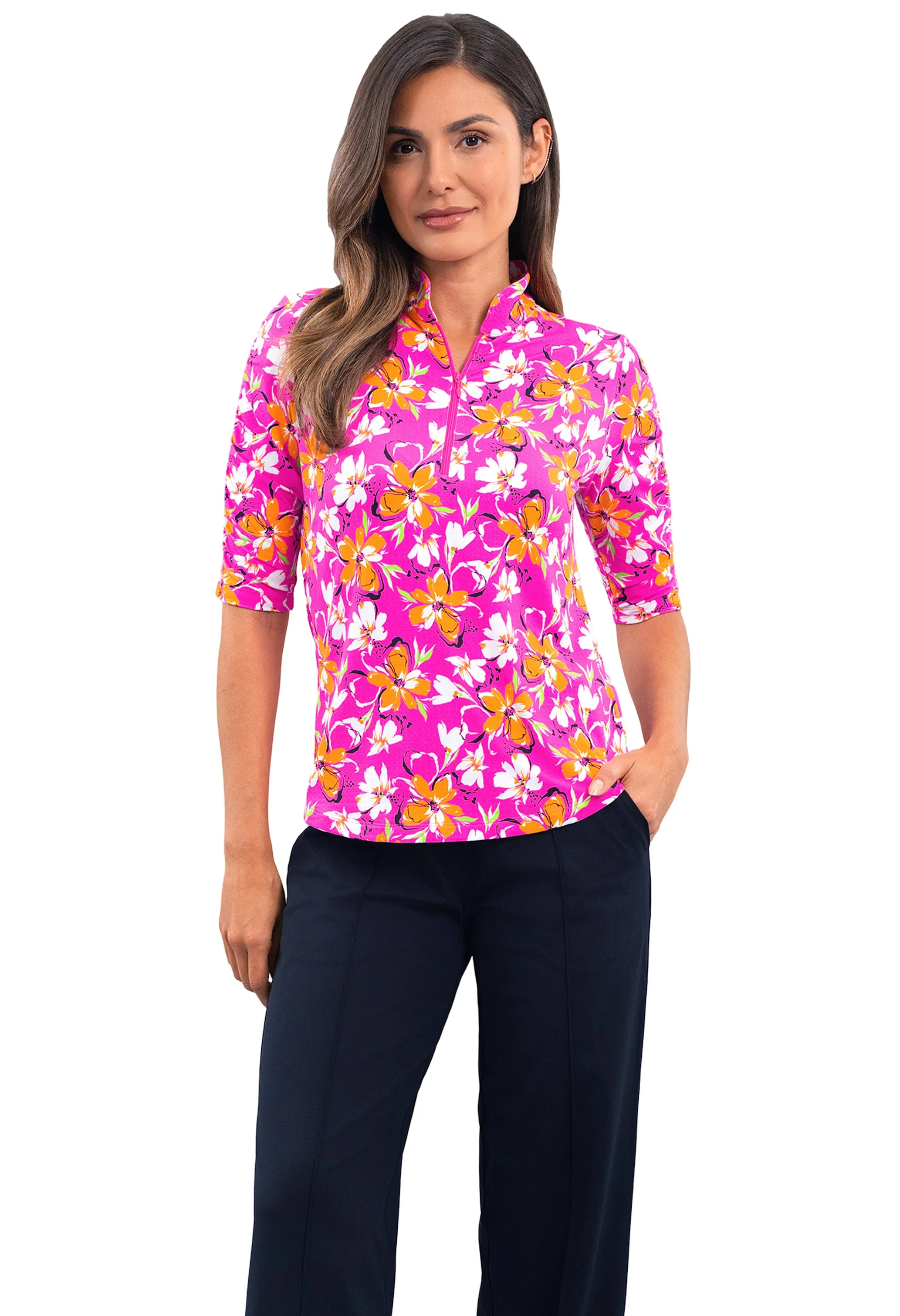 Eleanor Ruched Elbow Sleeve Mandarin Collar Top sold by IBKUL product image thumbnail 5