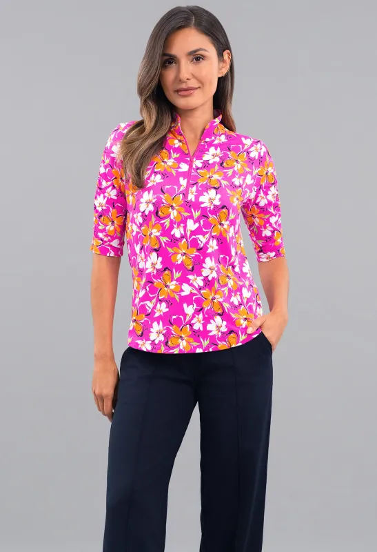 Eleanor Ruched Elbow Sleeve Mandarin Collar Top made by IBKUL