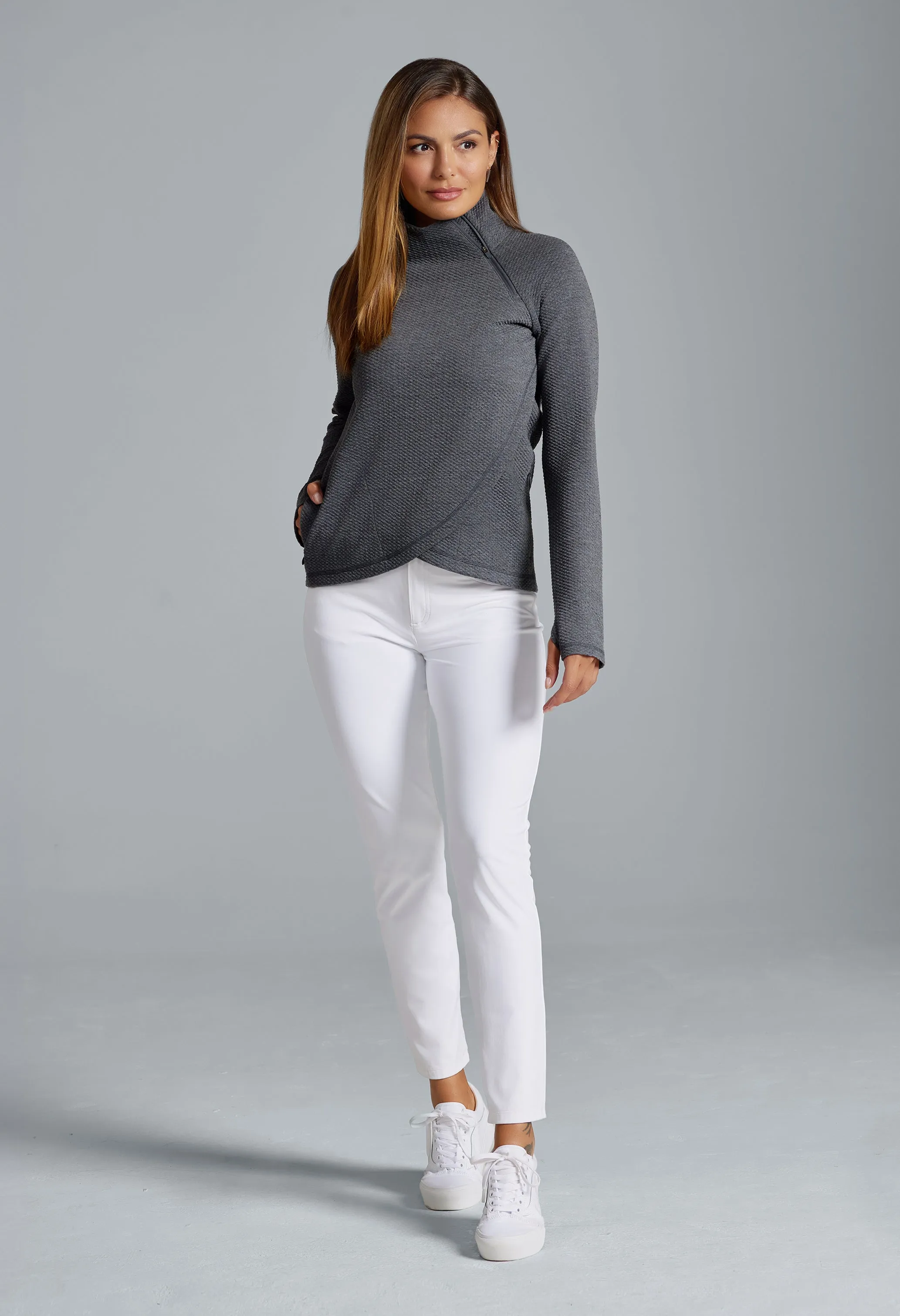 Solid Popcorn Stitch Asymmetrical Zip Pullover 2.0 sold by IBKUL product image thumbnail 4