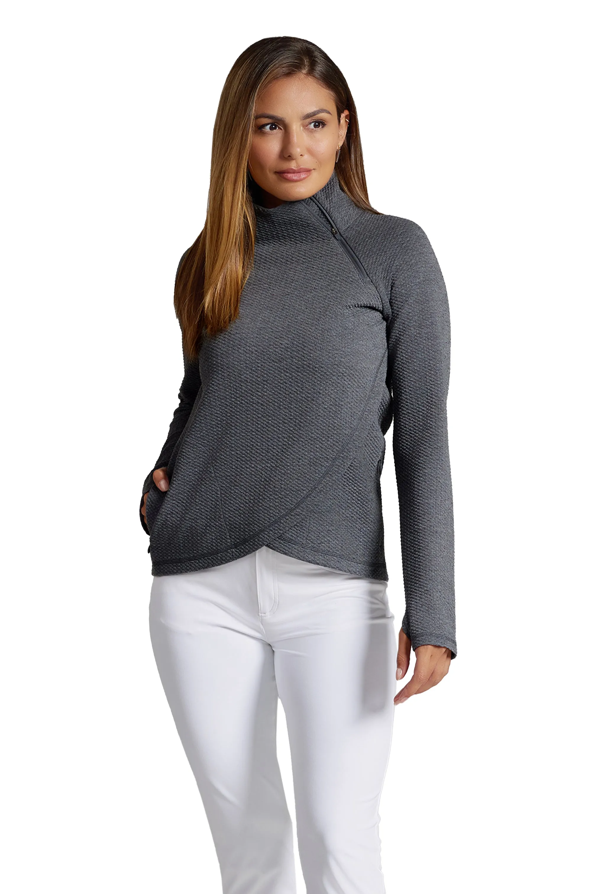 Solid Popcorn Stitch Asymmetrical Zip Pullover 2.0 sold by IBKUL