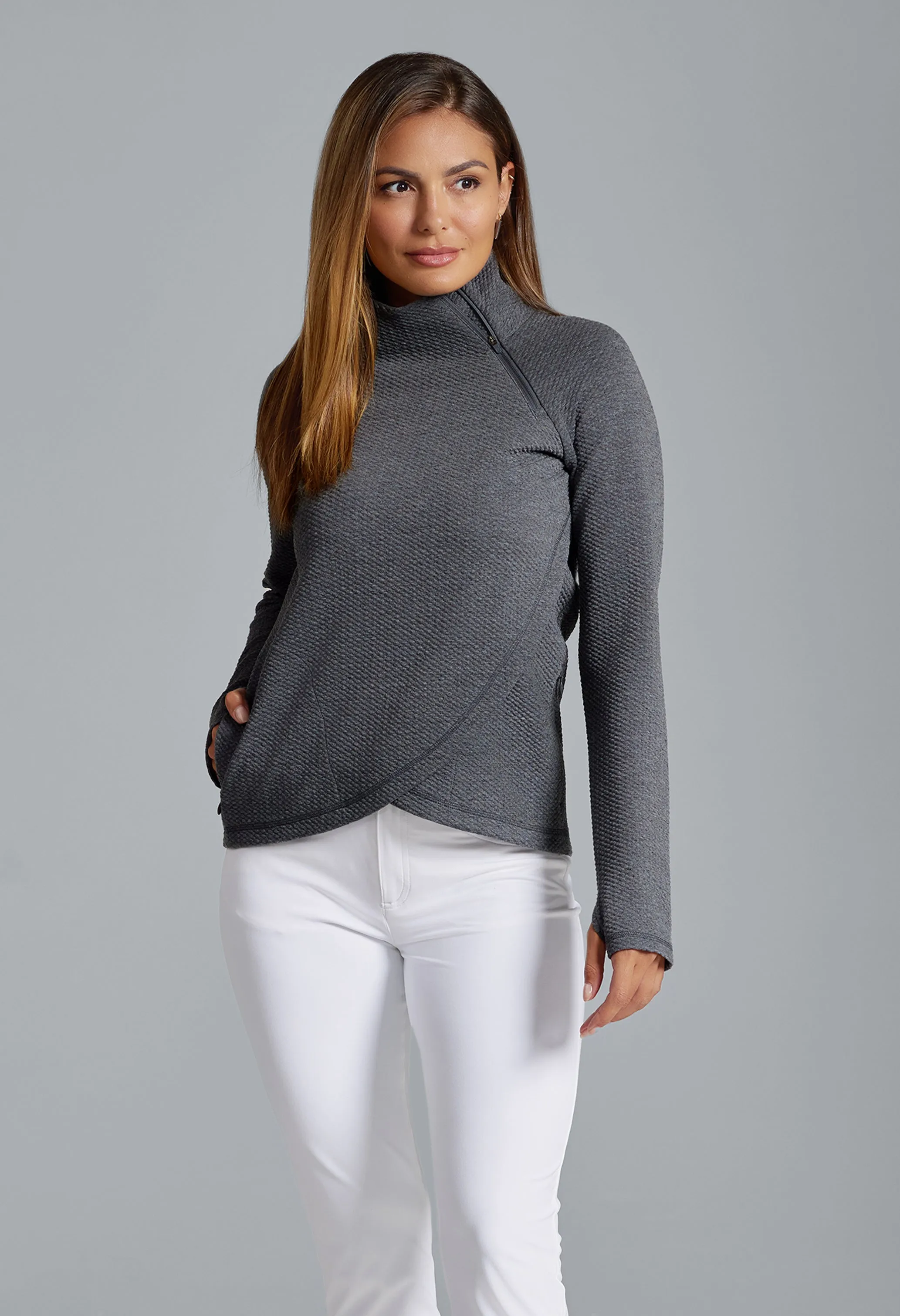 Solid Popcorn Stitch Asymmetrical Zip Pullover 2.0 sold by IBKUL product image thumbnail 2