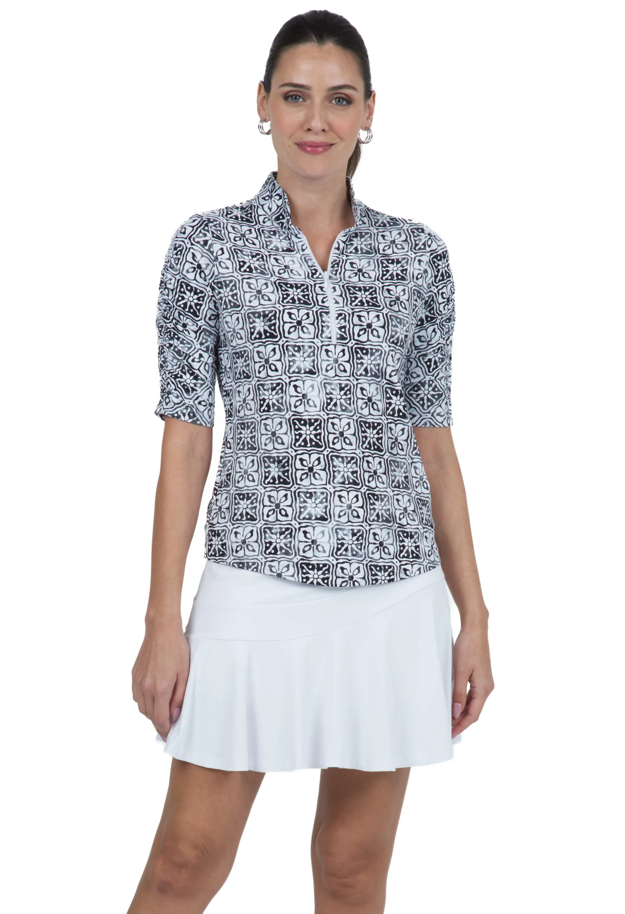 Kathy Print Ruched Elbow Length Sleeve Top sold by IBKUL
