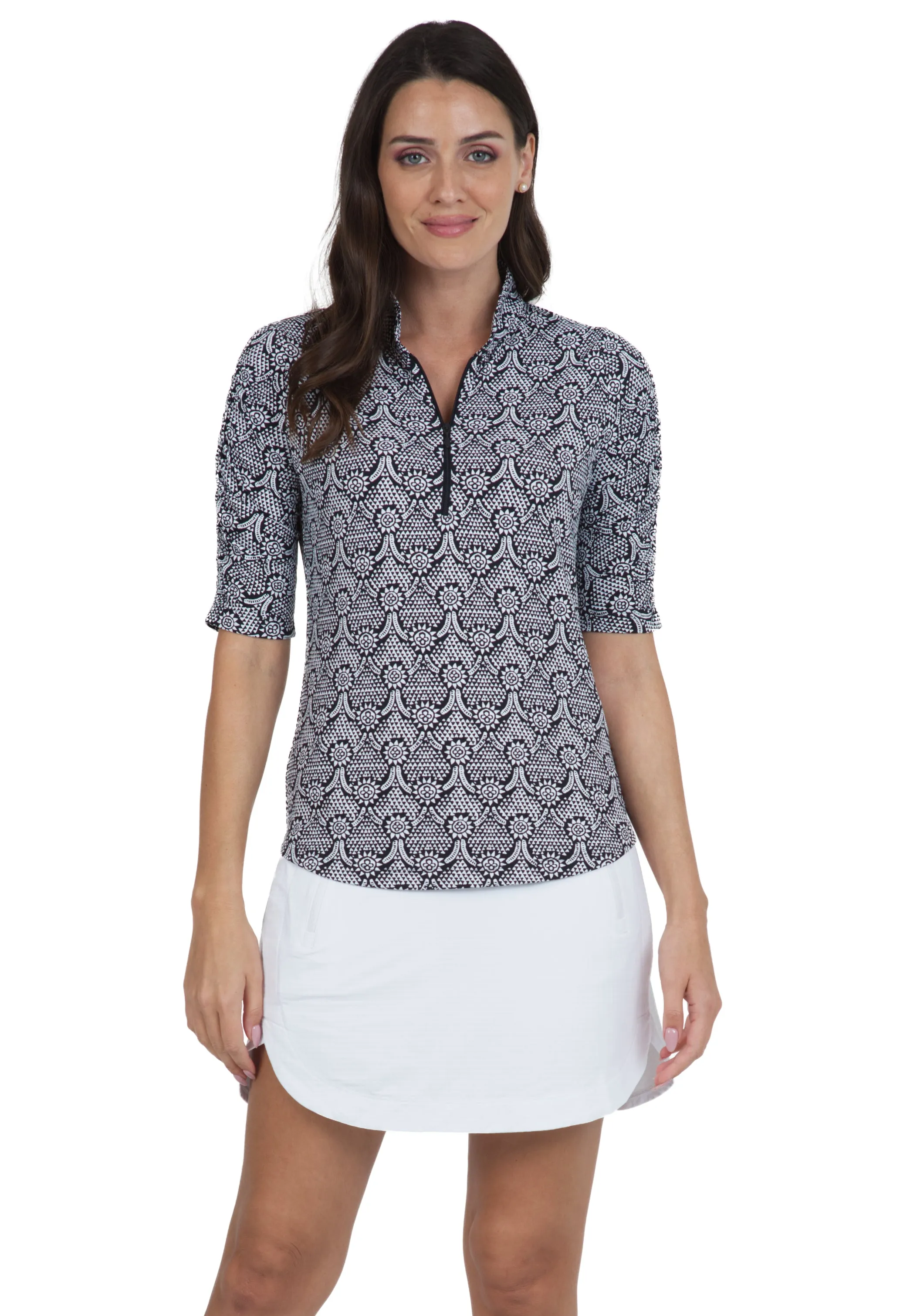 Leslie Print Ruched Elbow Length Sleeve Top sold by IBKUL