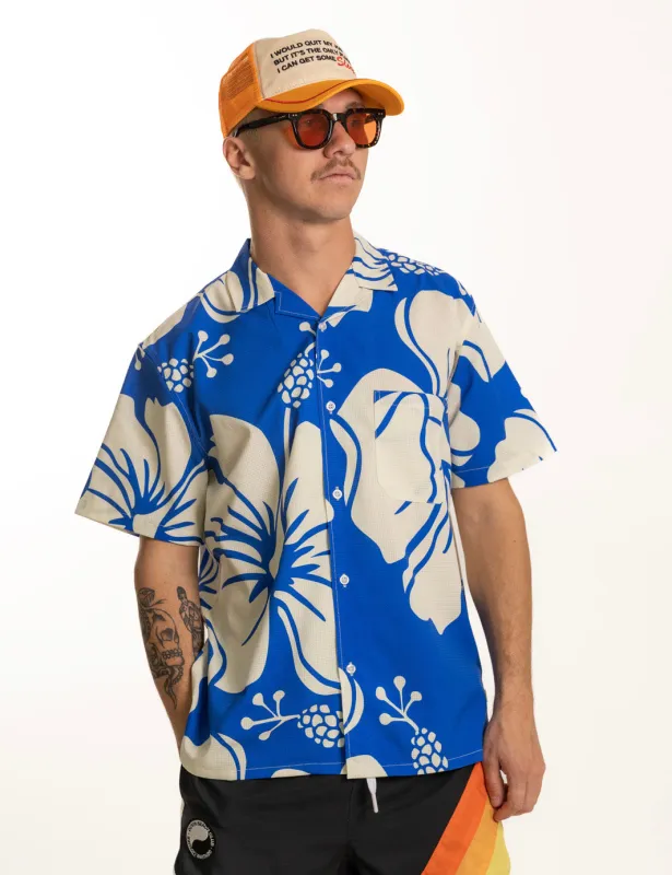 Trouble Paradise Leisure Stretch Buttonup - Blue sold by Duvin Design