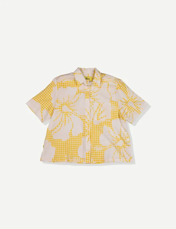 Tile Hibiscus Cotton Crop Cabana Shirt - Yellow made by Duvin Design