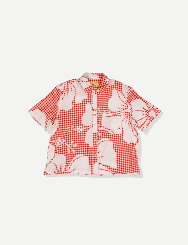 Tile Hibiscus Cotton Crop Cabana Shirt - Red made by Duvin Design