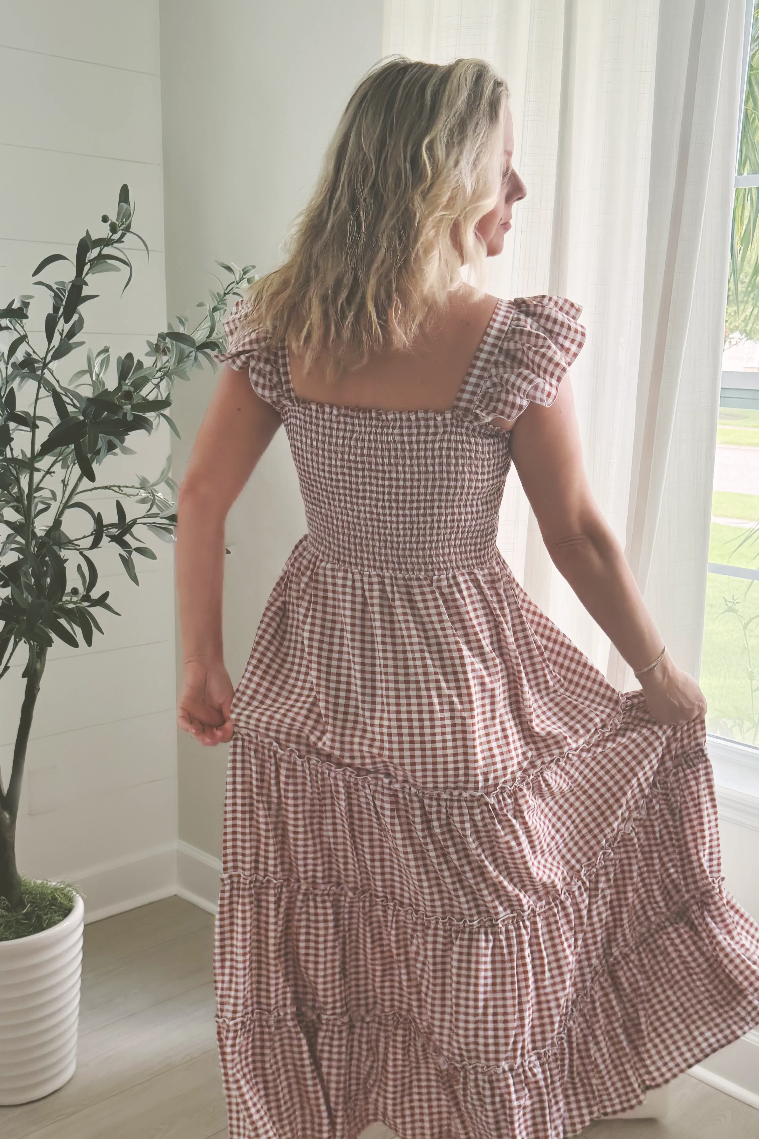 Women's Pia Dress (brown gingham) sold by Indie Blue