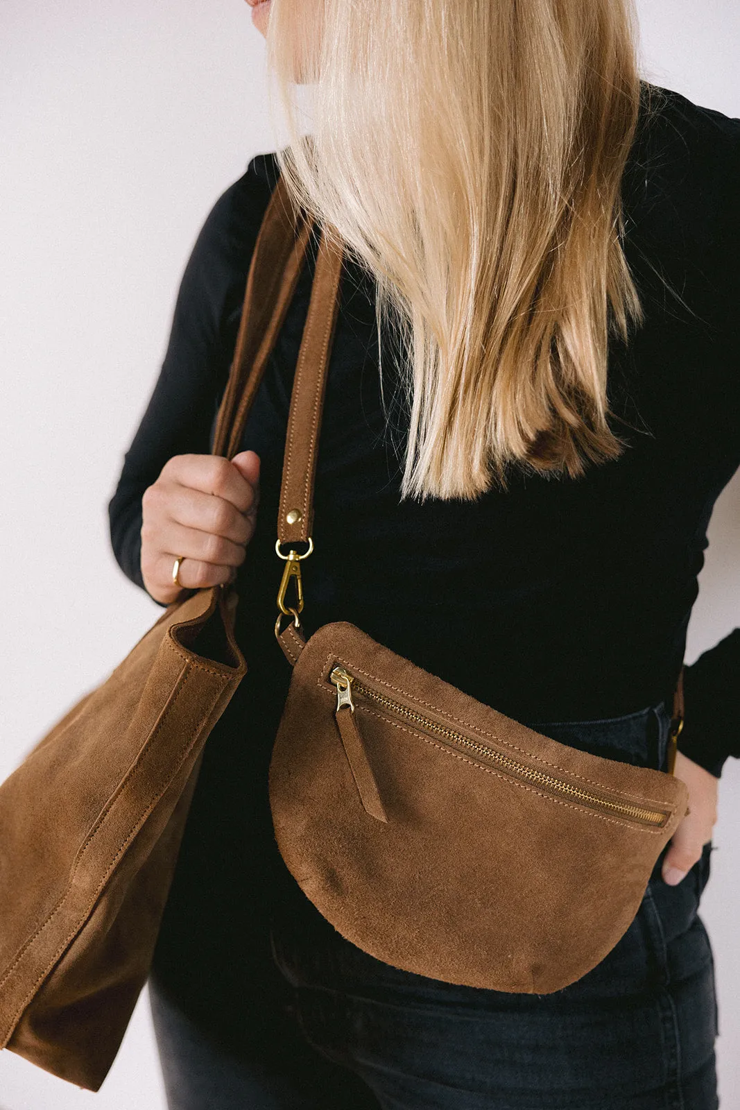 Sling Bag, Caramel Suede sold by Abby Alley