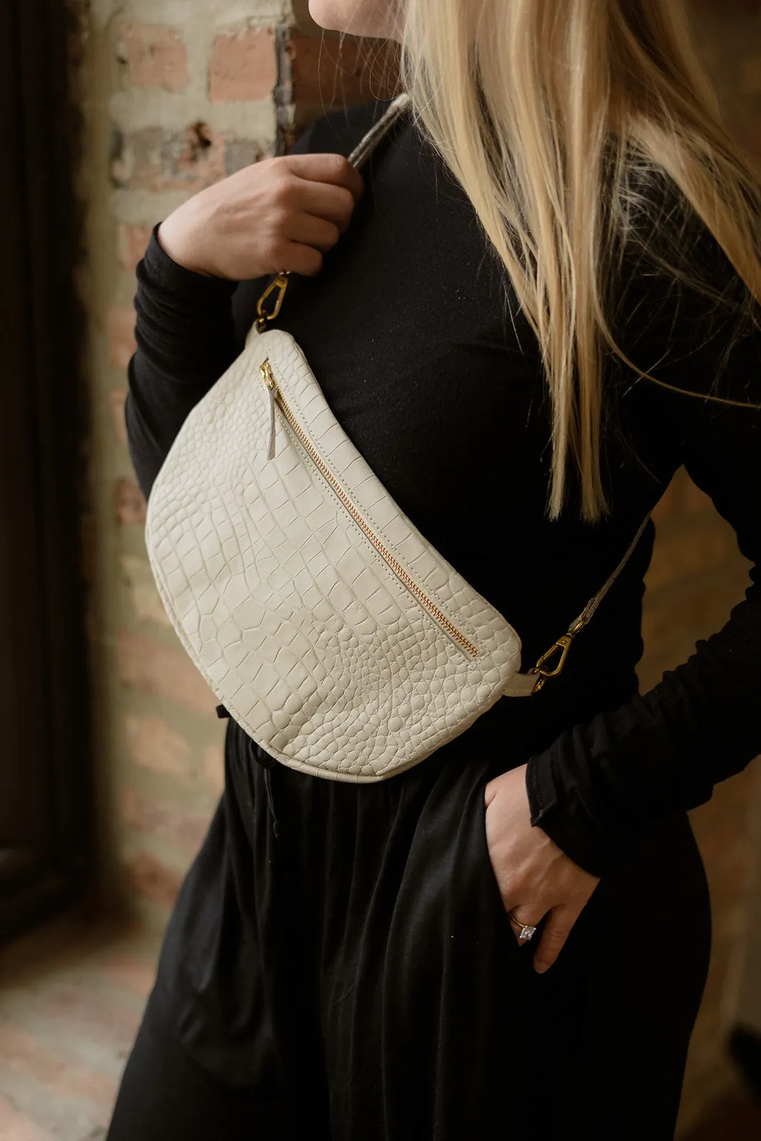 The Big Sling Bag, Ivory Croco sold by Abby Alley