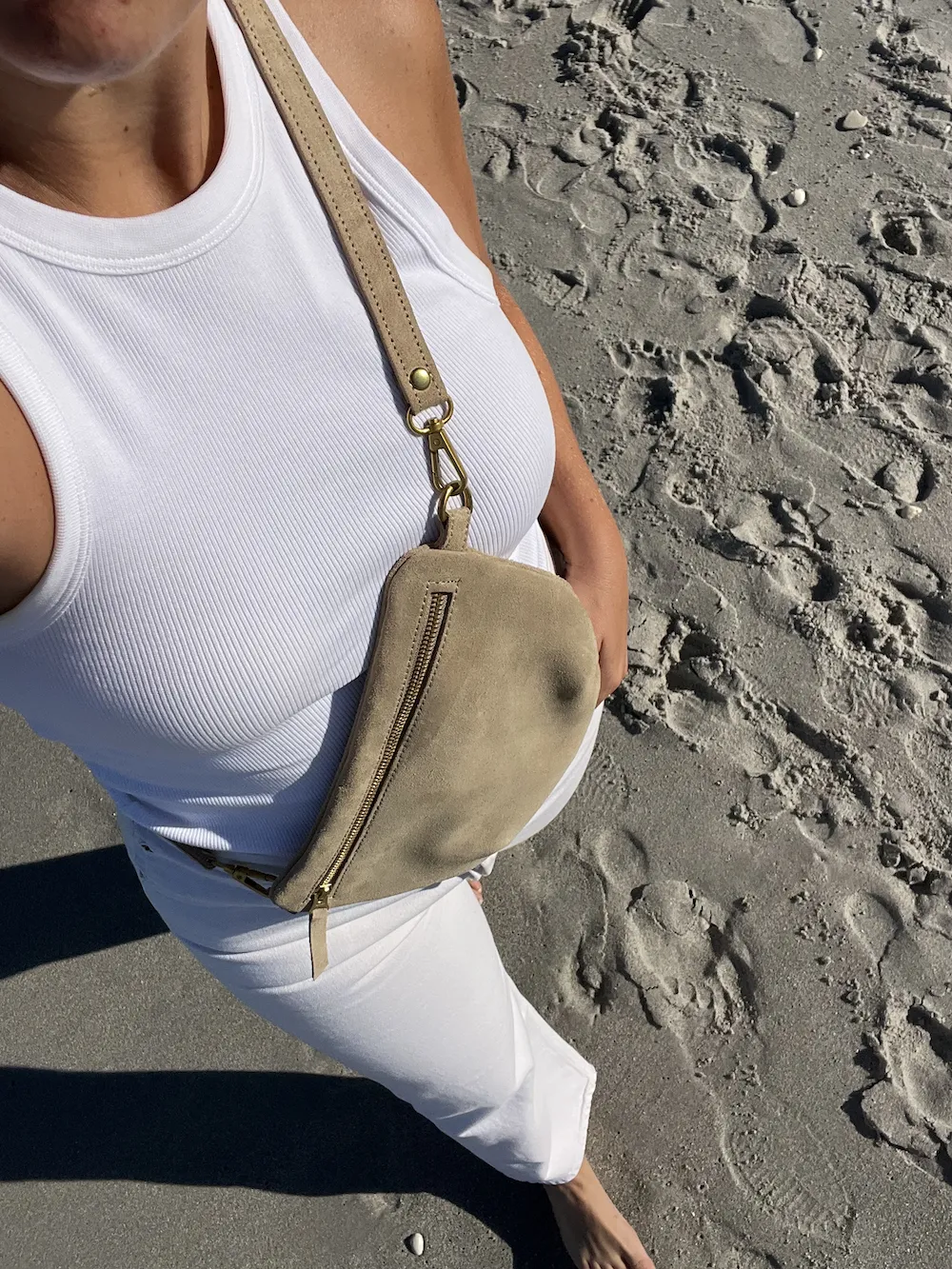 Sling Bag, Sand Suede sold by Abby Alley