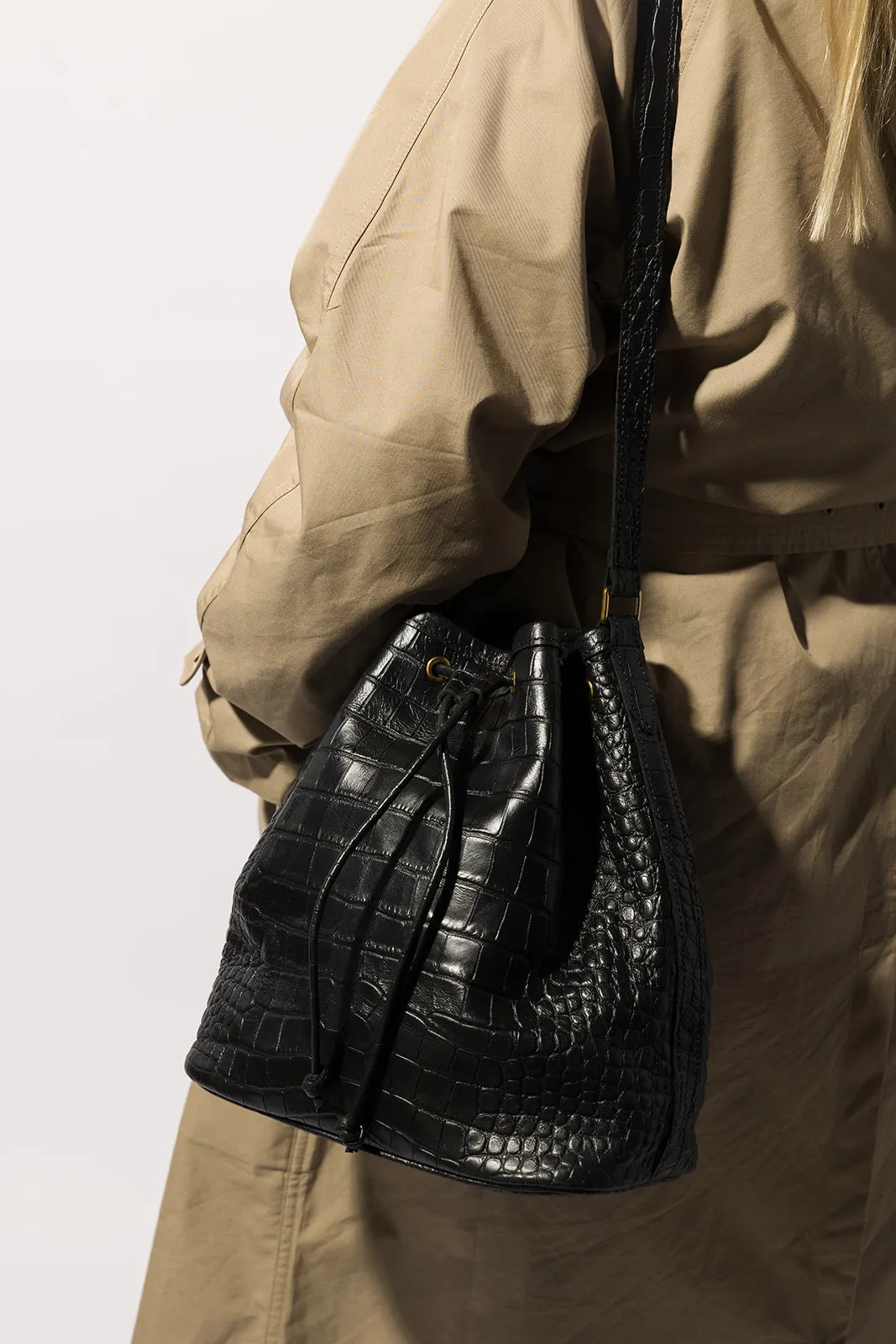 The Everyday Bucket Bag, Black Croco sold by Abby Alley