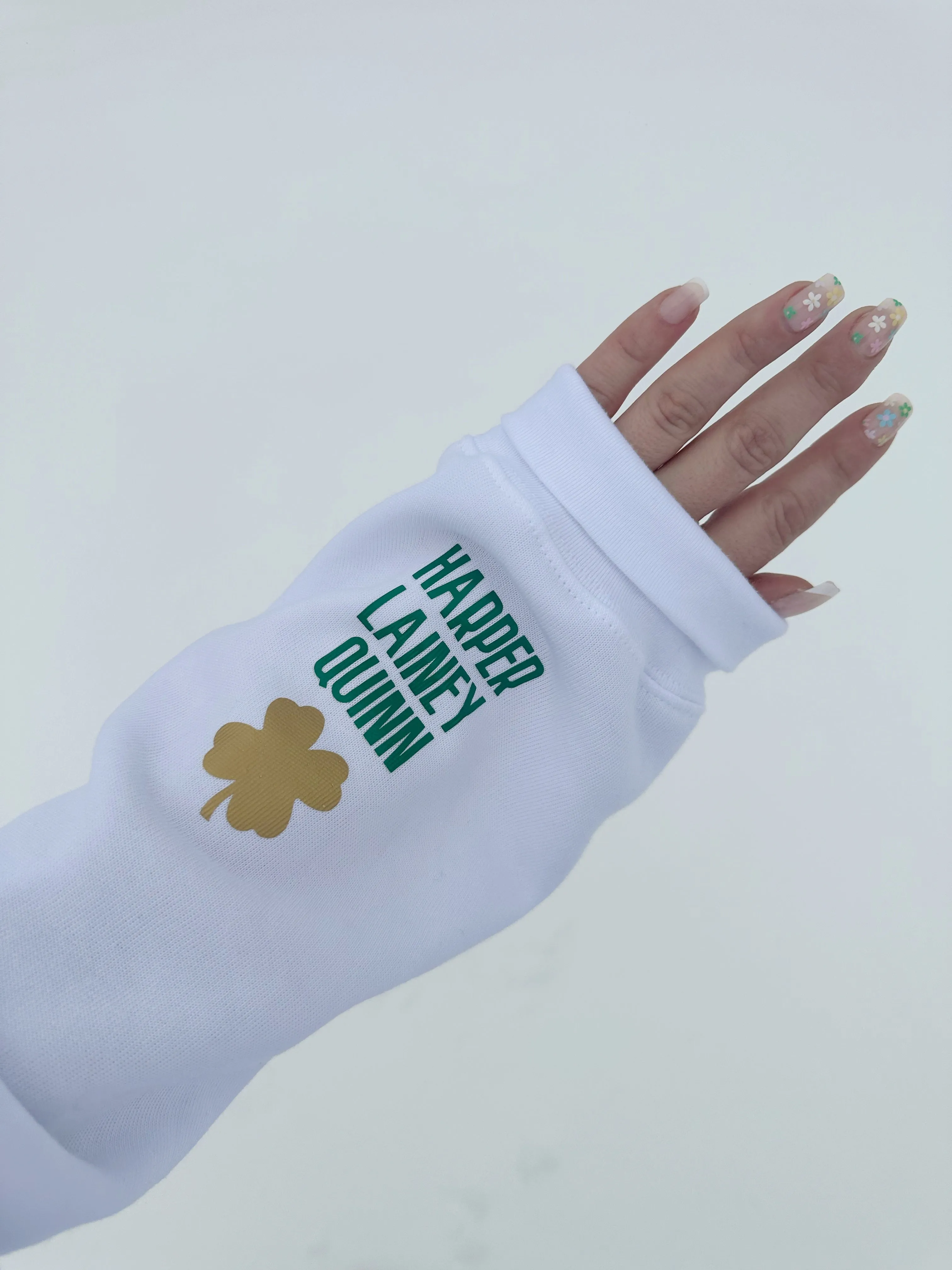 LOVE ON THE CUFF ♡ customizable white sweatshirt with personalized cuff shamrock sold by BFFS & BABES product image thumbnail 2