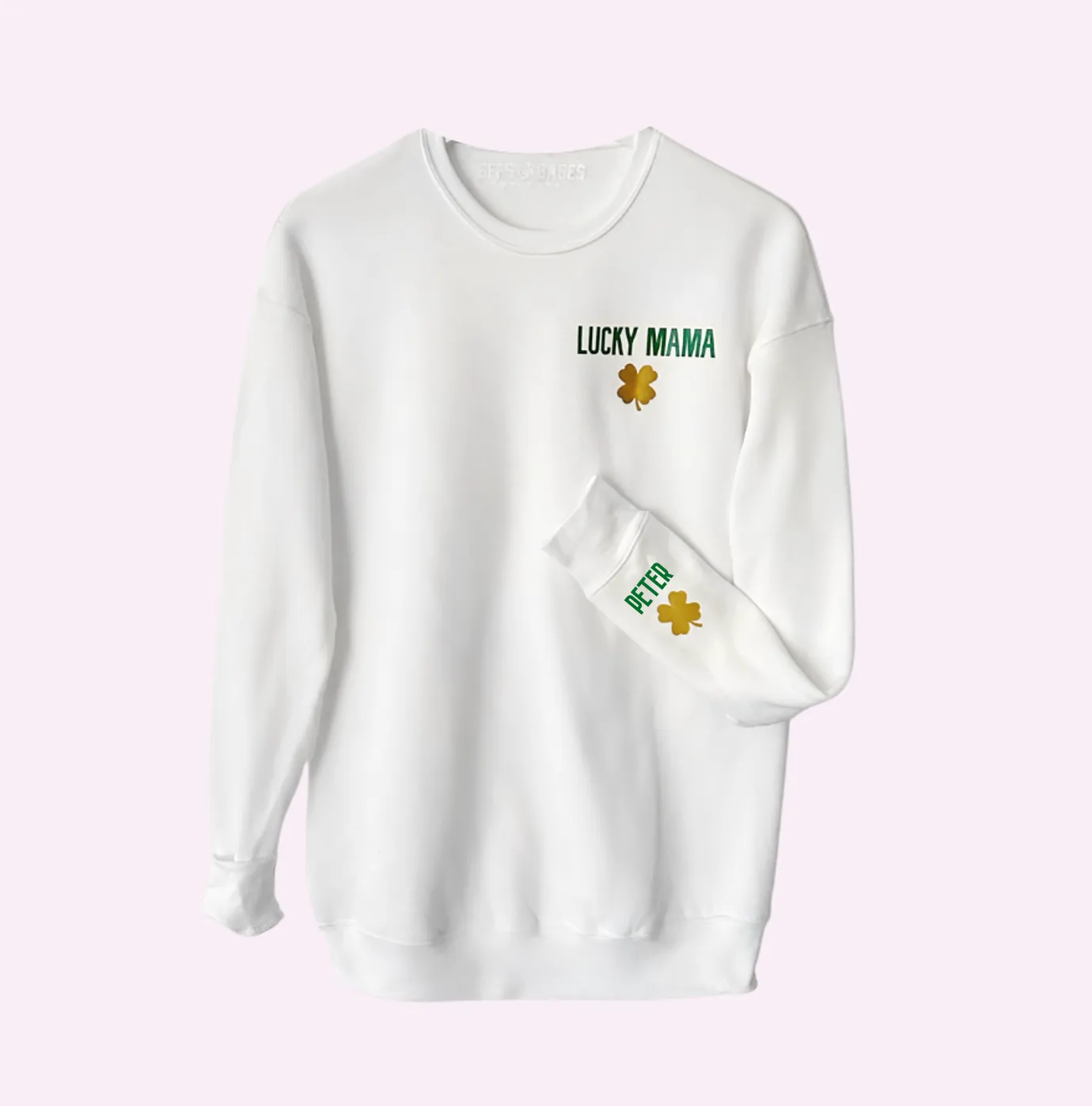 LOVE ON THE CUFF ♡ customizable white sweatshirt with personalized cuff shamrock sold by BFFS & BABES