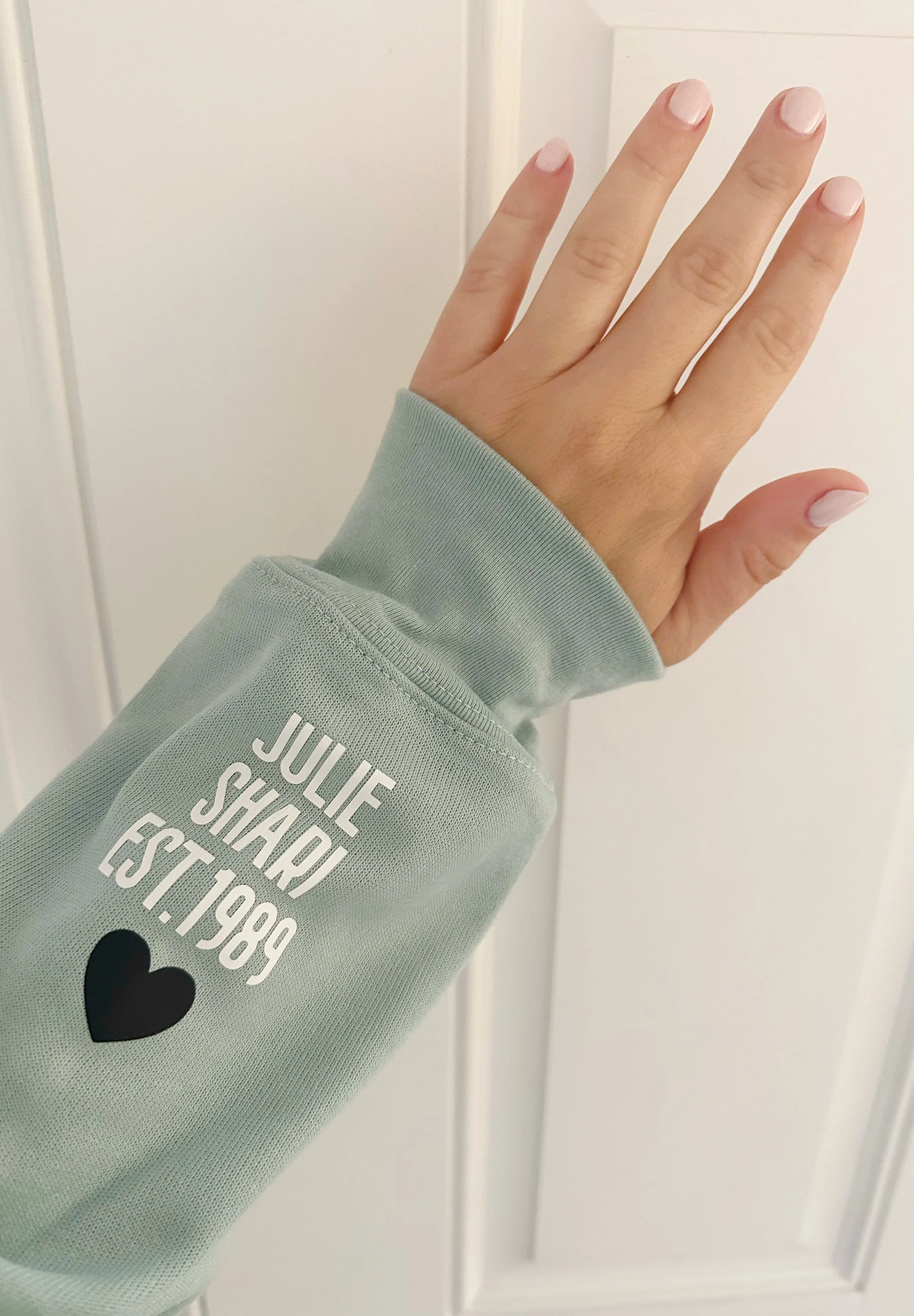 LOVE ON THE CUFF ♡ seafoam bestie sweatshirt with personalized cuff sold by BFFS & BABES product image thumbnail 3
