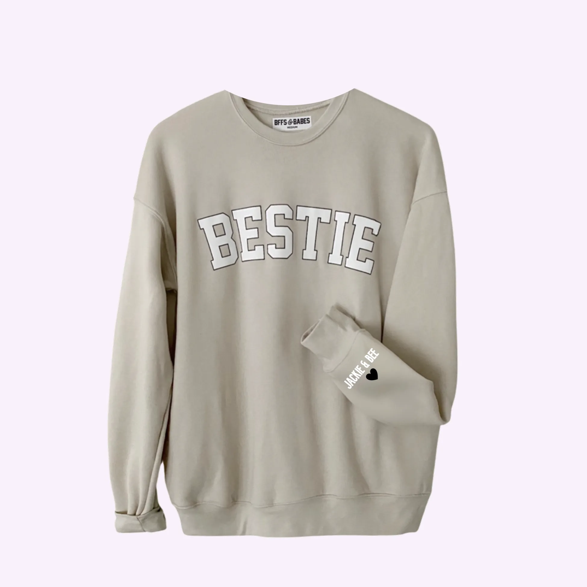 LOVE ON THE CUFF ♡ beige bestie sweatshirt with personalized cuff sold by BFFS & BABES