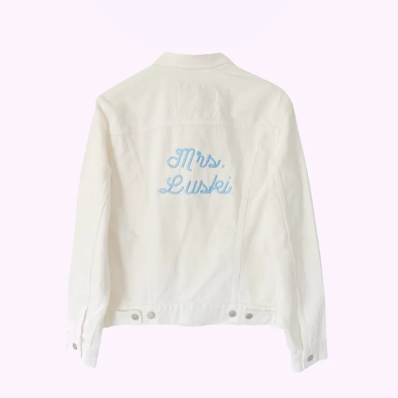 BRIDE STITCH JACKET ♡ white denim jacket with custom embroidery made by BFFS & BABES