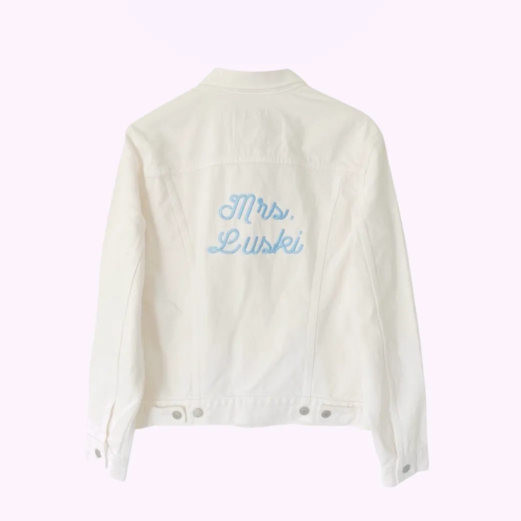 BRIDE STITCH JACKET ♡ white denim jacket with custom embroidery sold by BFFS & BABES