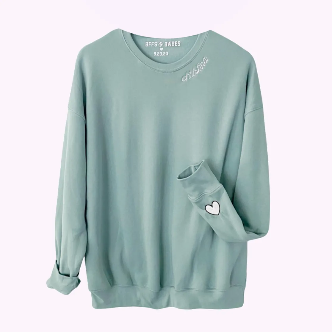 BFFS & BABES x YOU ♡ personalized label + stitch collar seafoam sweatshirt sold by BFFS & BABES