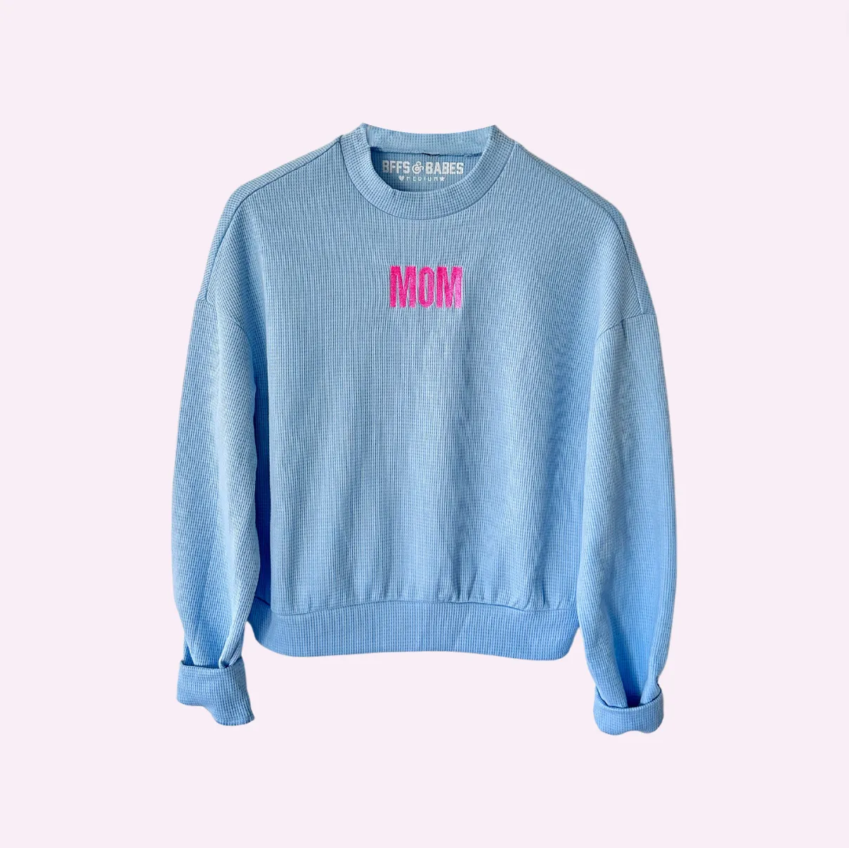 MOM CROP ♡ embroidered waffle mock neck sold by BFFS & BABES