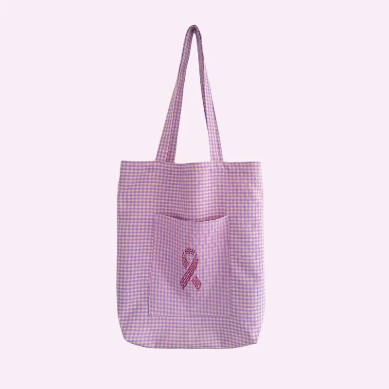 BCA SHINE ♡ lightweight gingham tote bag with front pocket and rhinestone ribbon sold by BFFS & BABES