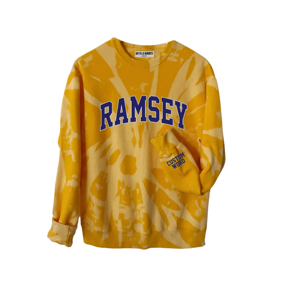 RAMSEY ♡ adult tie-dye varsity sweatshirt with personalized cuff sold by BFFS & BABES
