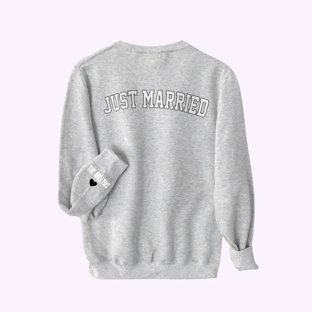 LOVE ON THE CUFF ♡ gray just married sweatshirt with personalized cuff sold by BFFS & BABES