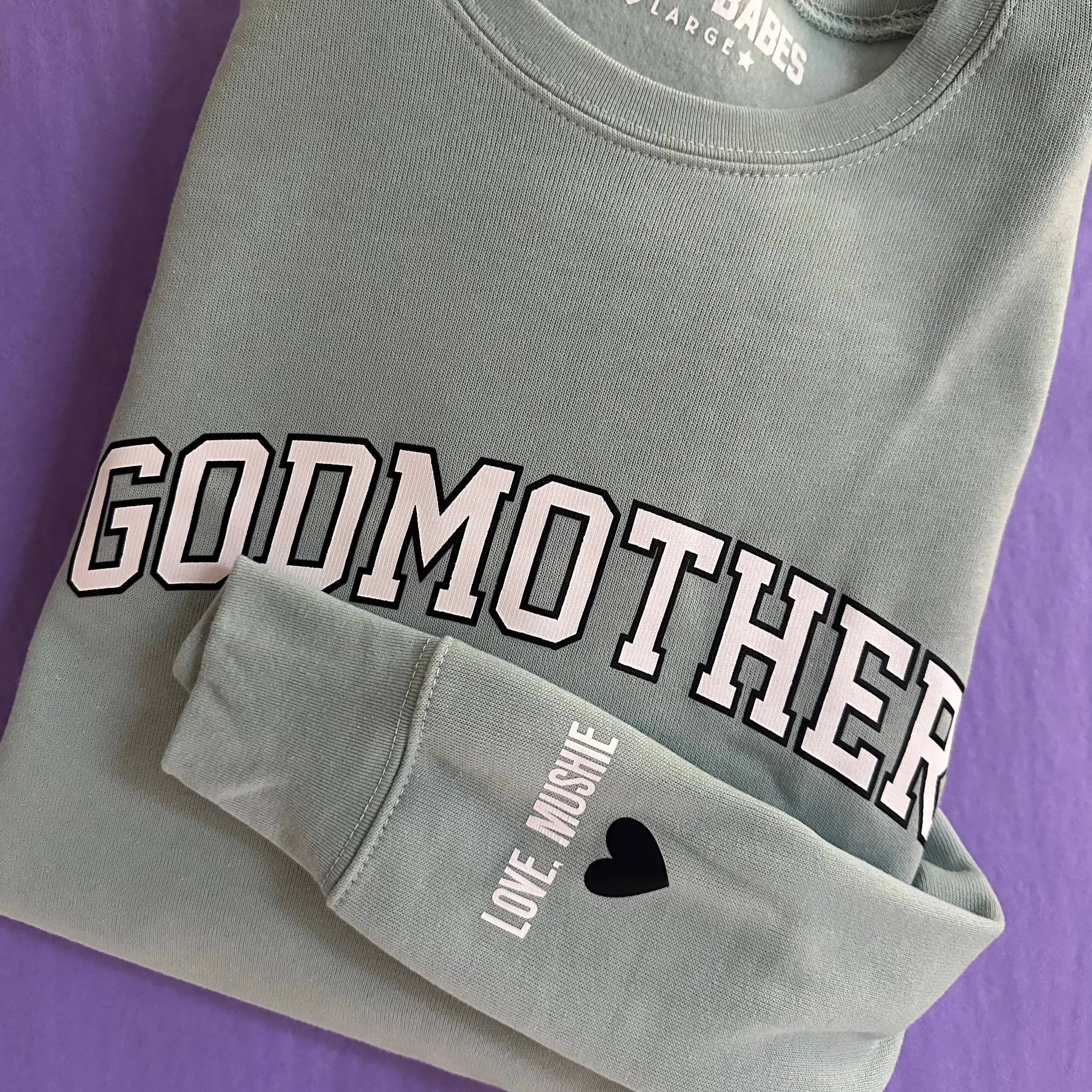 LOVE ON THE CUFF ♡ seafoam godmother sweatshirt with personalized cuff sold by BFFS & BABES product image thumbnail 2