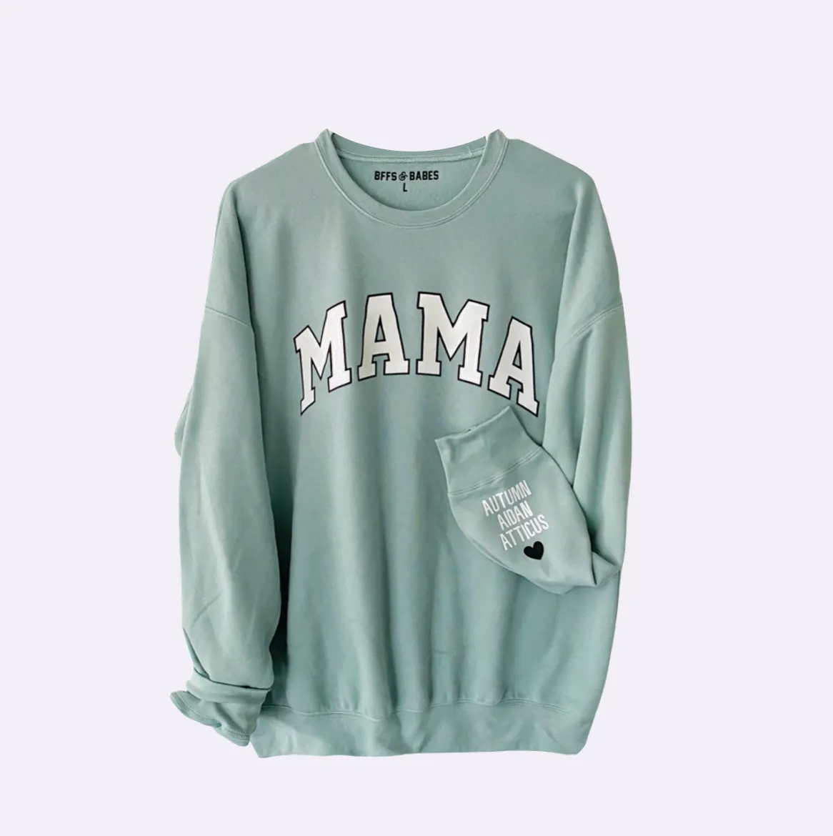 LOVE ON THE CUFF ♡ seafoam mama sweatshirt with personalized cuff sold by BFFS & BABES