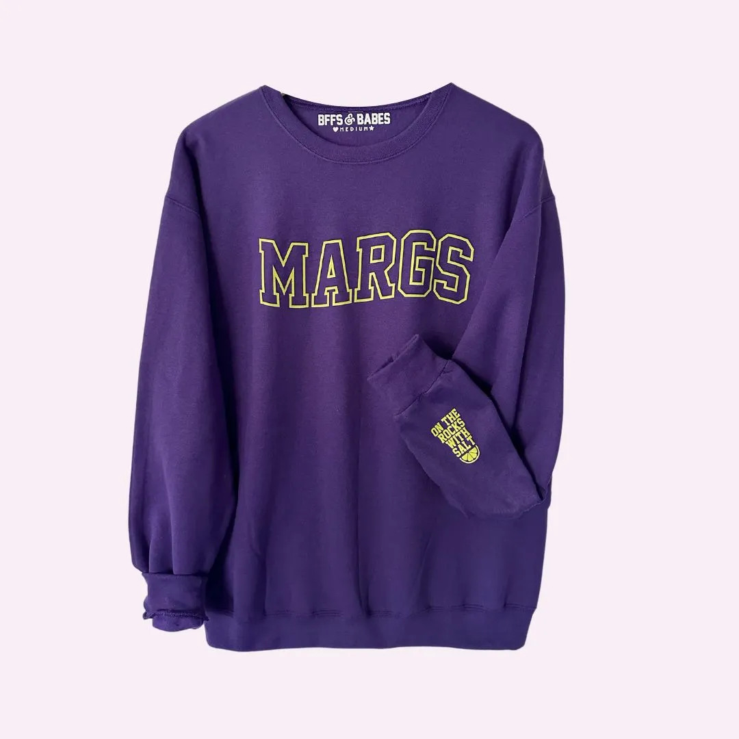 MARGS ♡ purple printed sweatshirt with on the rocks with salt cuff sold by BFFS & BABES