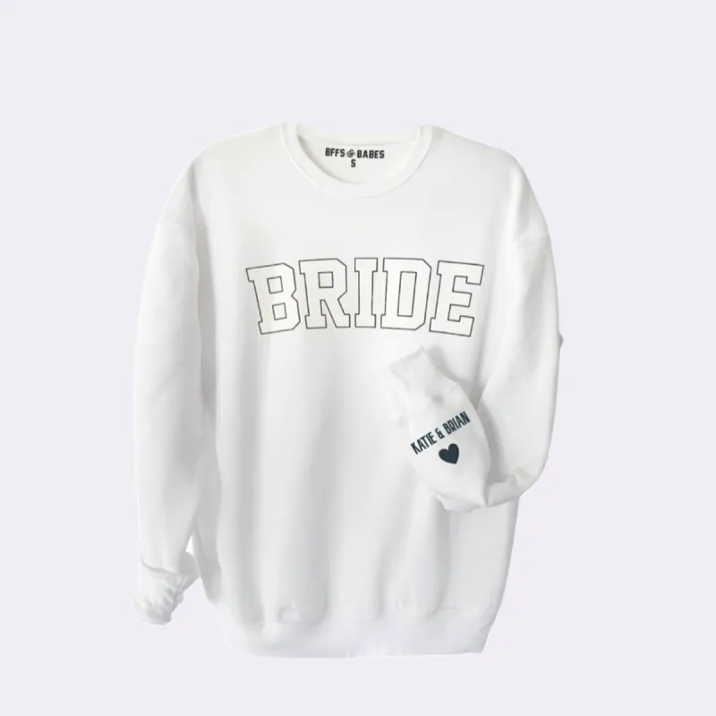 LOVE ON THE CUFF ♡ white bride sweatshirt with personalized cuff sold by BFFS & BABES