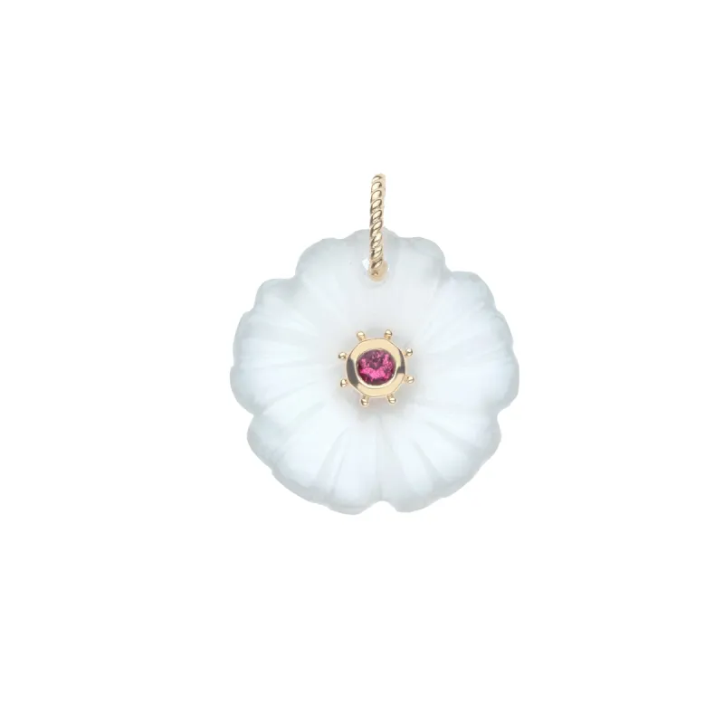 JOY White Quartz Carved Primrose Pendant in Solid Gold sold by Jane Win