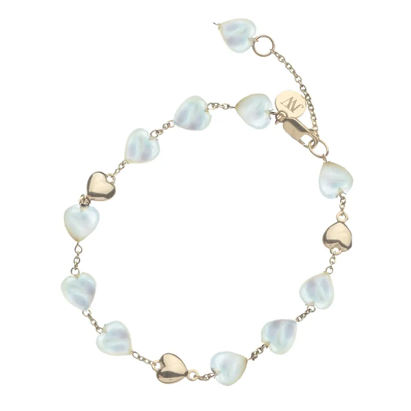LOVE Carved Mother of Pearl Stone and Gold Heart Bracelet sold by Jane Win