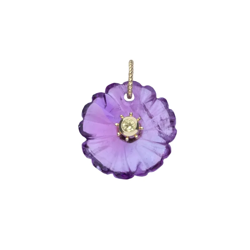 JOY Amethyst Carved Primrose Pendant in Solid Gold sold by Jane Win