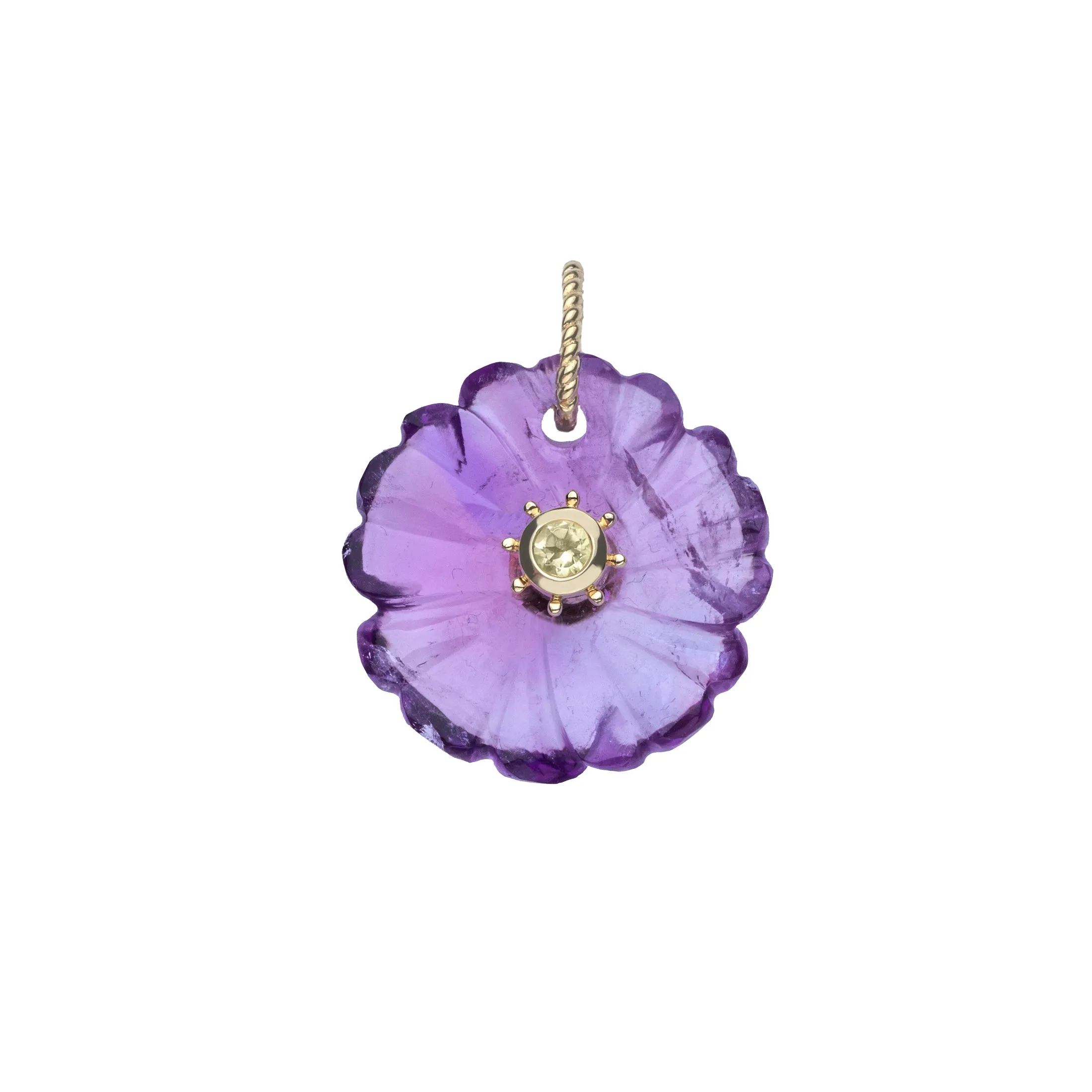 JOY Amethyst Carved Primrose Pendant in Solid Gold sold by Jane Win