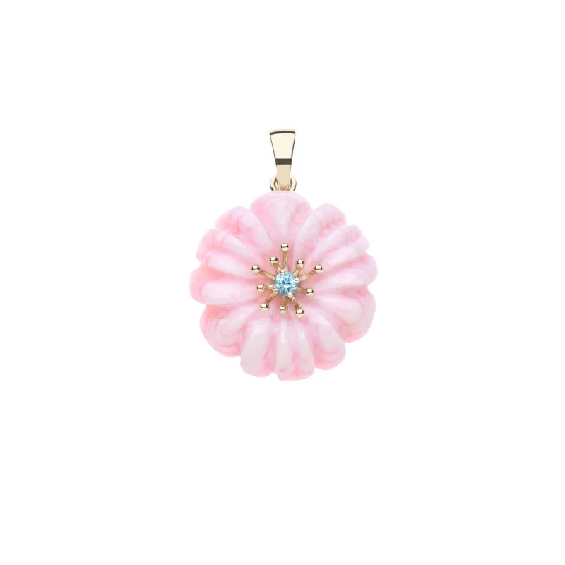 JOY Pink Jade Carved Daisy Pendant in Solid Gold sold by Jane Win