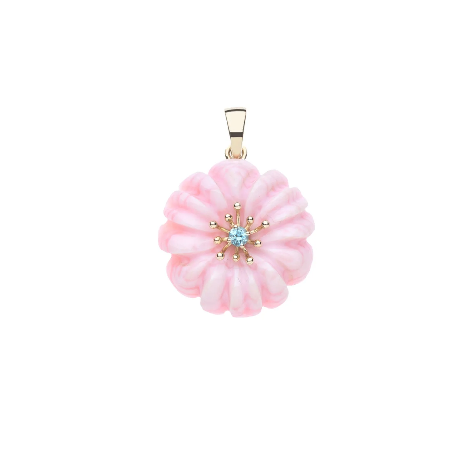 JOY Pink Jade Carved Daisy Pendant in Solid Gold sold by Jane Win