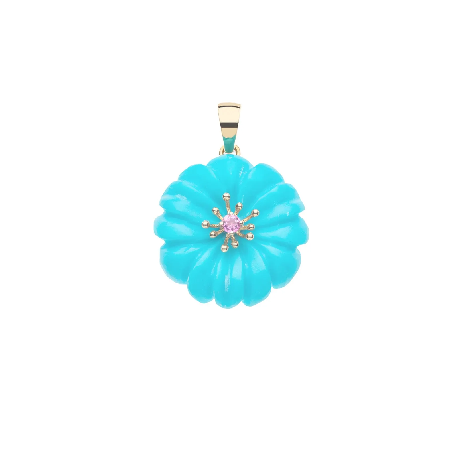 JOY Turquoise Carved Daisy Pendant in Solid Gold sold by Jane Win