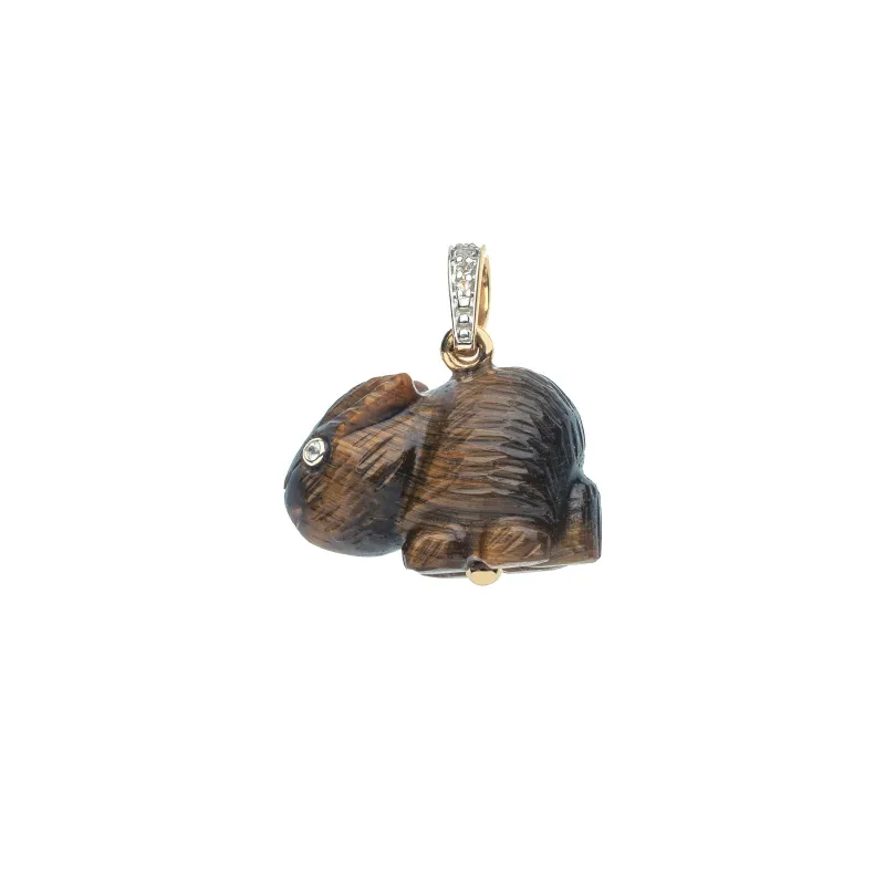 LUCKY Carved Tiger's Eye Rabbit Pendant in Solid Gold sold by Jane Win