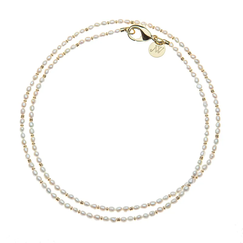 Double Wrap Rice Pearl Necklace in Gold and White Mix sold by Jane Win