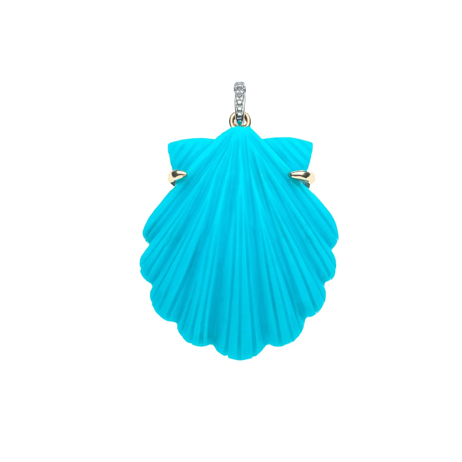 STRONG Carved Turquoise Scallop Shell Pendant in Solid Gold sold by Jane Win