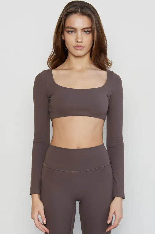 CLASSIC FIT SCOOP LONG SLEEVE CROP - WALNUT sold by Azur Fit
