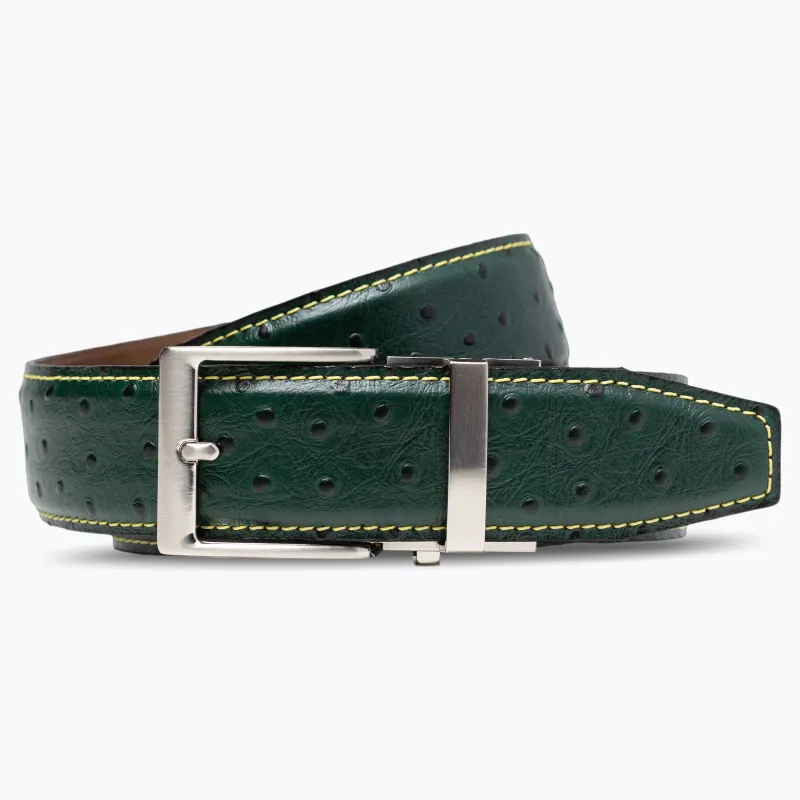Ostrich Emerald Green w/ Yellow Thread Ratchet Belt 1.575" [40mm] made by Nexbelt