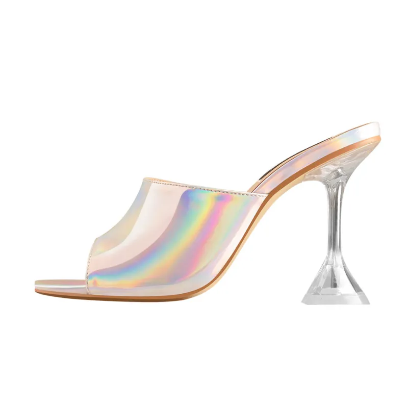 Holographic Transparent Tapered Heel Sandals Mules sold by Onlymaker