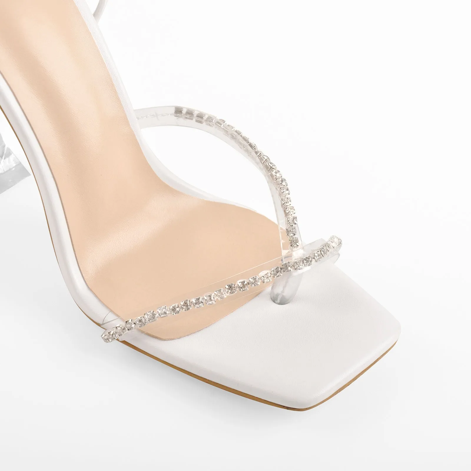 White Rhinestone Square Toe Strap Tapered High Heel Sandals sold by Onlymaker product image thumbnail 4