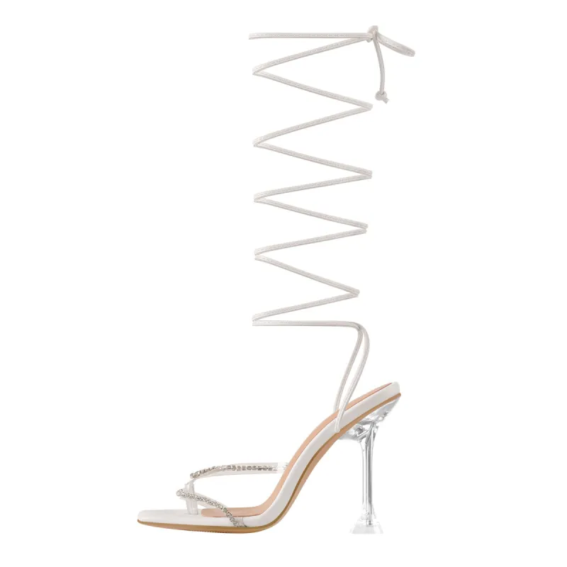 White Rhinestone Square Toe Strap Tapered High Heel Sandals sold by Onlymaker